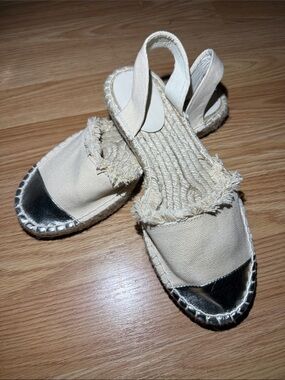 stradivarius Cream Canvas Espadrille Slingback Sandals with Silver Toe sz 37